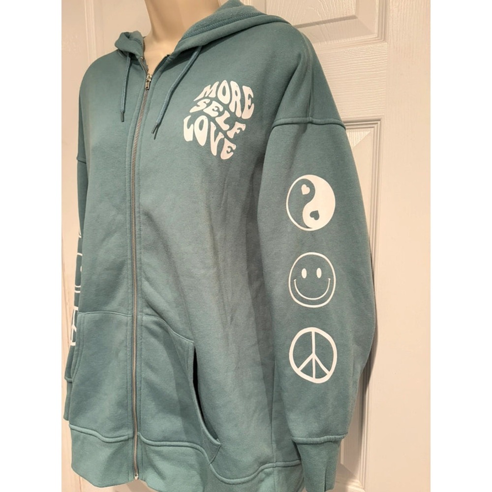 Forever 21 More Self Love Zip Hoodie Women's S Teal Green Fleece Oversized Cozy‎
